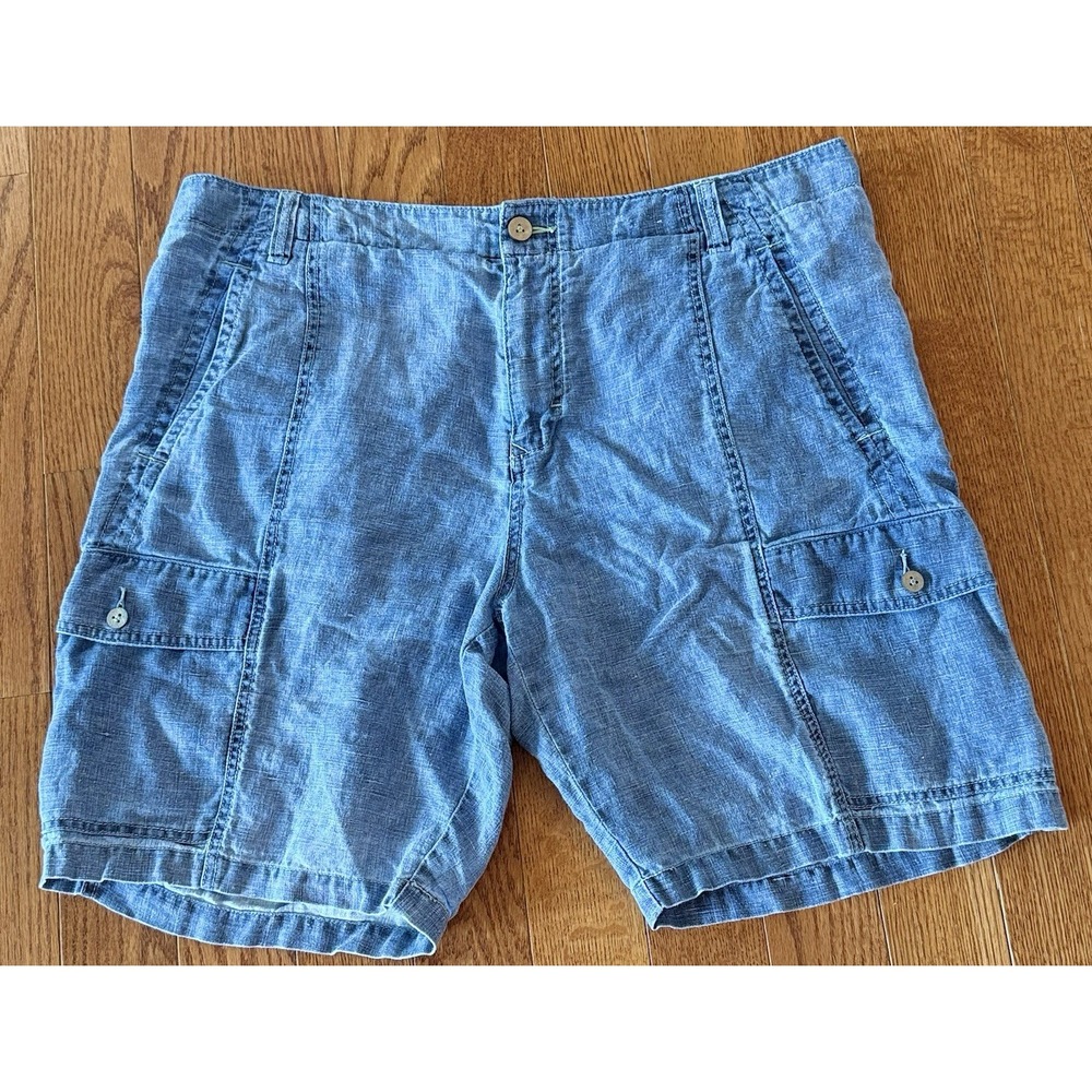 Tommy Bahama Shorts Mens 38 Blue Cargo 100% Linen Flat Front Denim Look Chambray